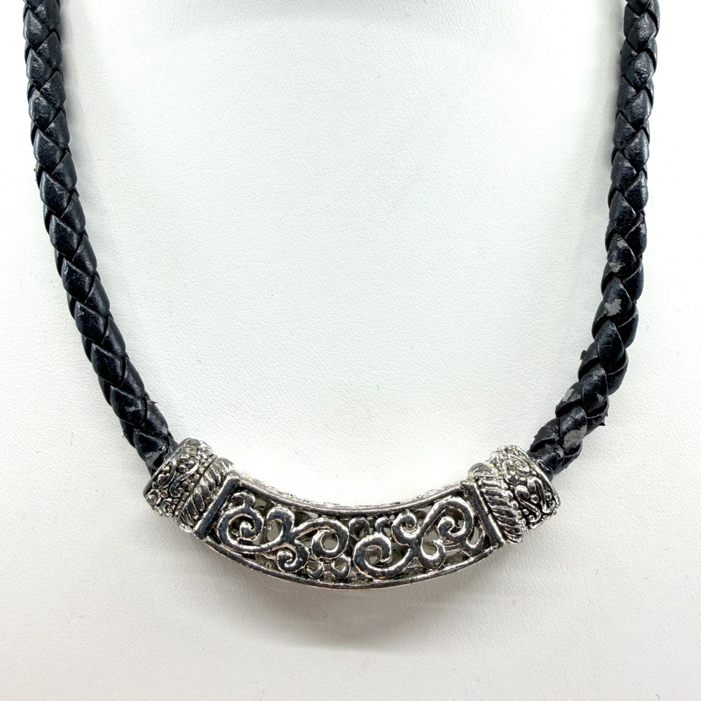 Vintage Y2K Black Braided Leather Choker Necklace Silver Tone Filigree Slider